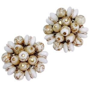 Vintage Stamped West Germany White Gold Tone Glass Bead Cluster Clip Earrings